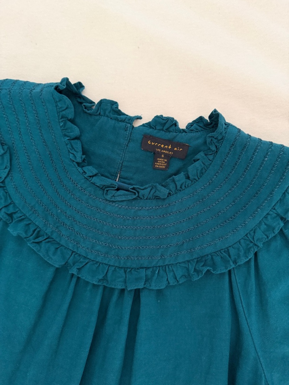 Anthropologie Teal Ruffle Yoke Puff Sleeve Blouse - Picture 2 of 6